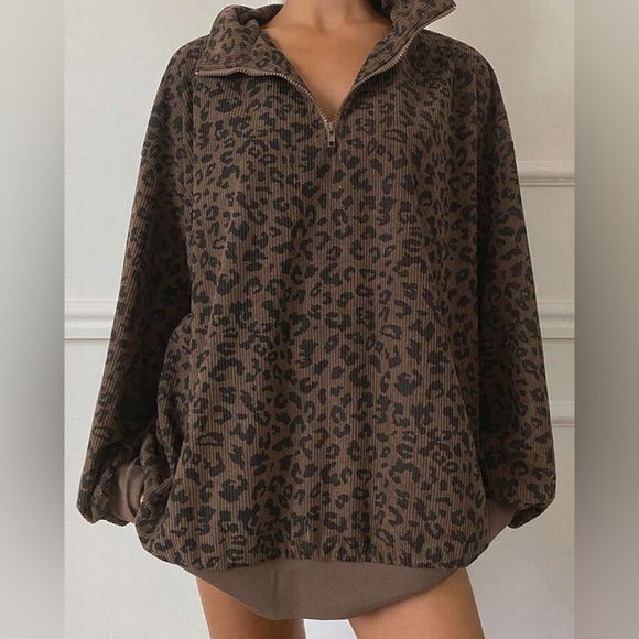 SHEIN Casual Zip Up Front Long Sleeve Leopard Print Sweatshirt - Picture 7 of 7